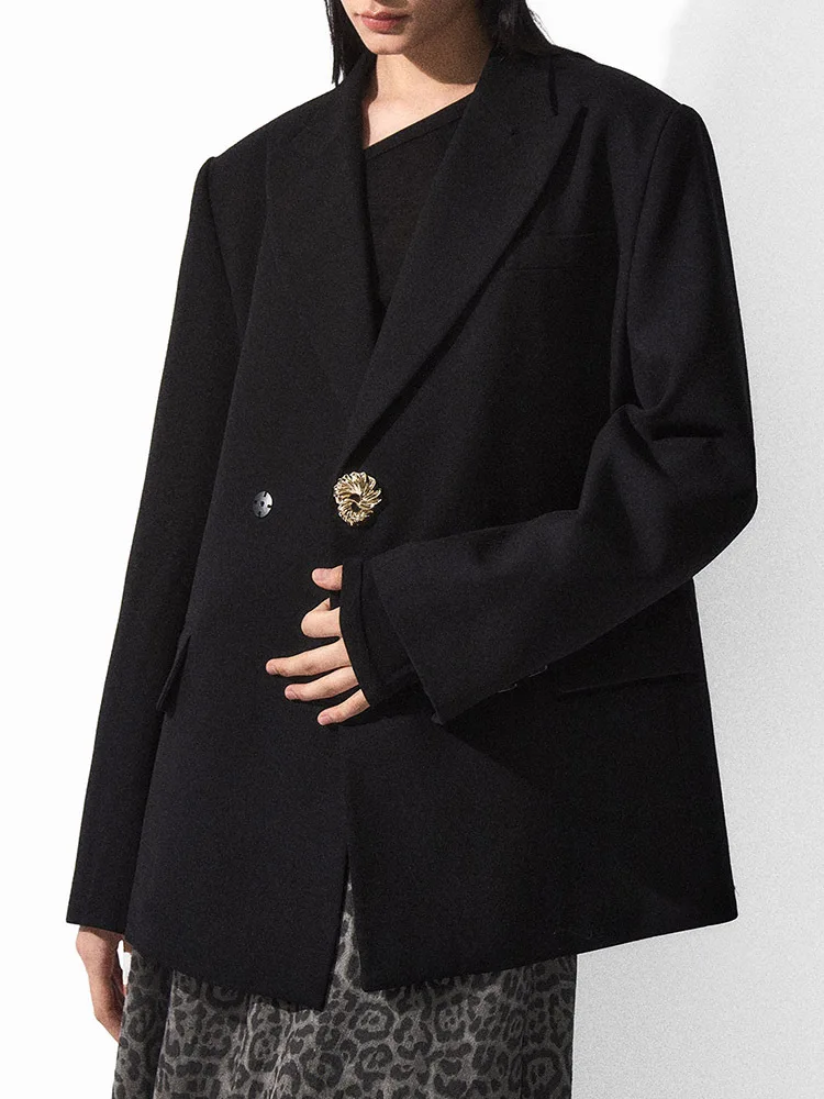 YERMORA Zwarte Gesp Korte Stijlvolle Casual Voor Vrouwen Revers Lange Mouw Losse Fit Nieuwe Jas Mode Tij Lente Herfst 2025