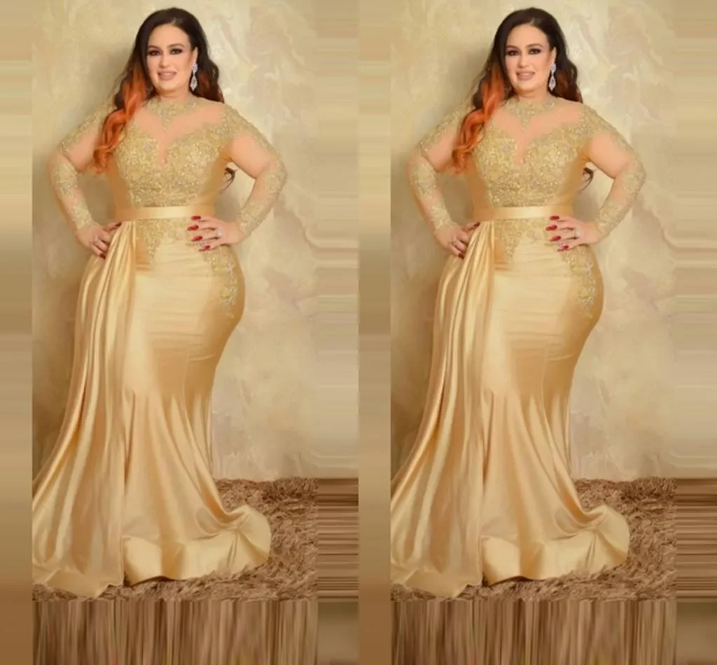 

Champagne Gold Mermaid Evening Dresses 2025 Sheer O-neck Lace Stain Plus Size Long Sleeves Occasion Prom Mother Formal Dress