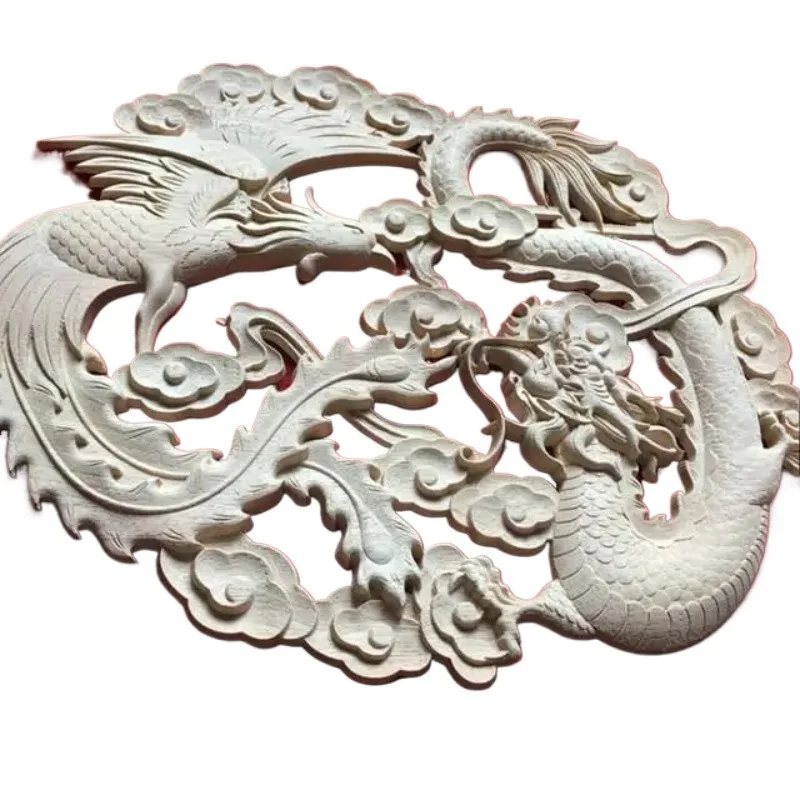 Embossed disc Dragon and Phoenix Chengxiang solid wood round applique flower piece, Chinese background wall panel decoration