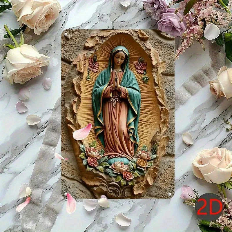 Placa de parede de alumínio vintage Nossa Senhora de Guadalupe - 8 x 12 polegadas, arte religiosa à prova de intempéries e fácil de montar com design floral