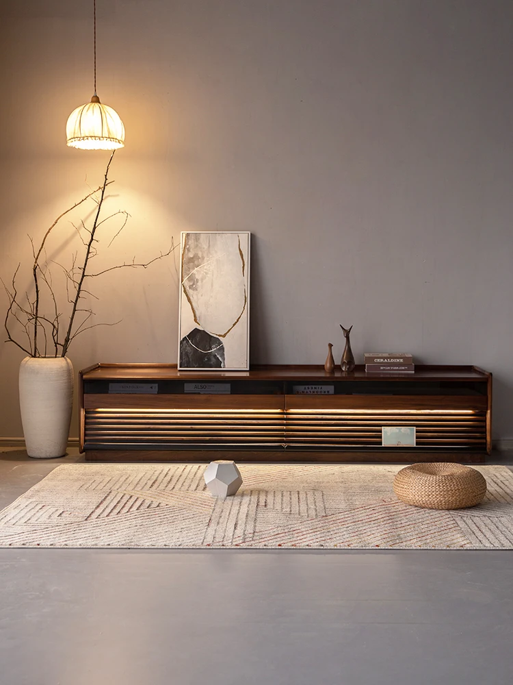 

12North America Black Walnut Wooden TV Cabinet with Light Nordic Solid Wood Living Room Floor Audiovisual Cabinet