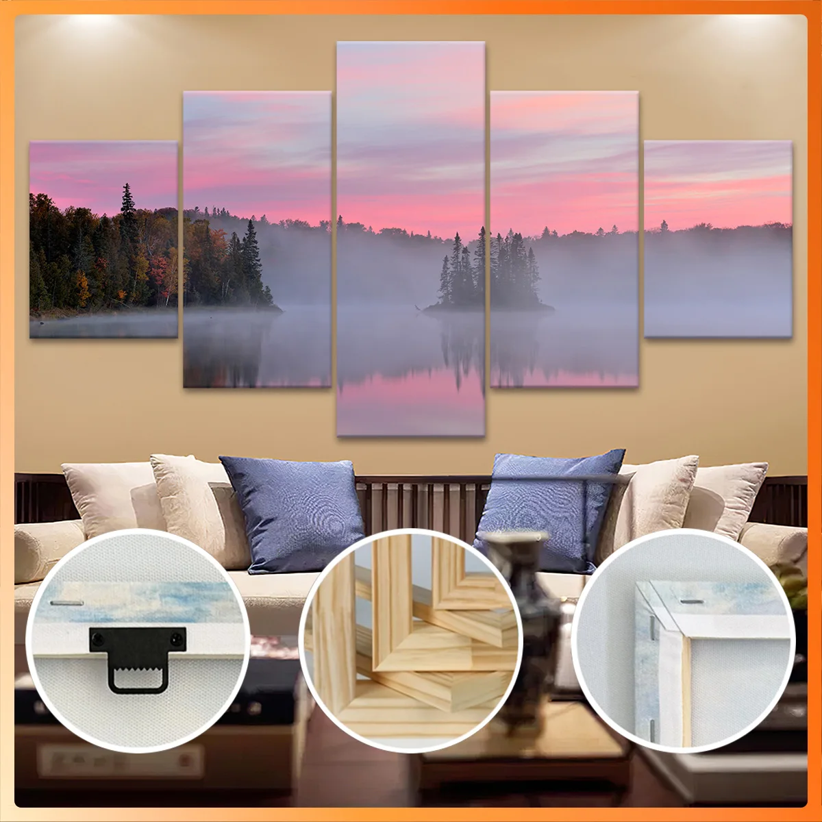 

5pcs Wooden Framed Canvas, Misty Dawn Lake, Fashion Poster, Art for Home Decoration, Pattern Wall Art