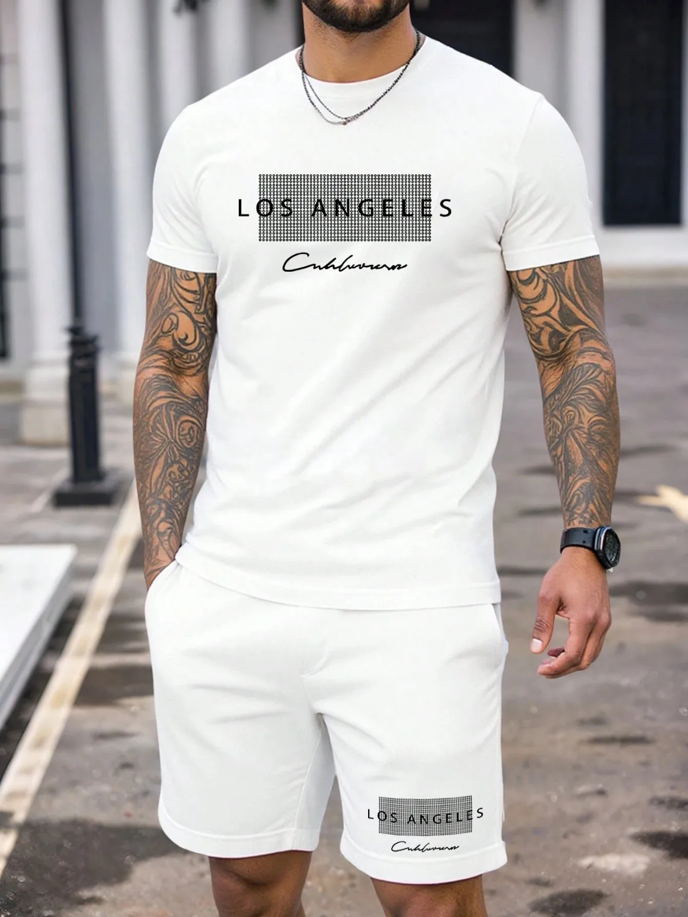 

2026 Summer New Men's Short-Sleeved Shorts Set with 3D Letter Pattern Printing - Street Casual Fashion Comfortable and Soft