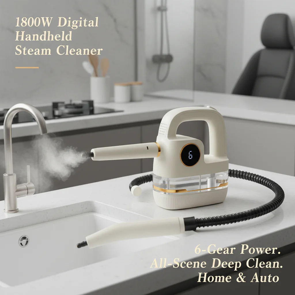 

1800W High Temperature Handheld Steam Cleaner, 6-Gear Adjustable Multi-Purpose Steamer with Digital Display & 8 Accessories for Home Kitchen Car, Beige