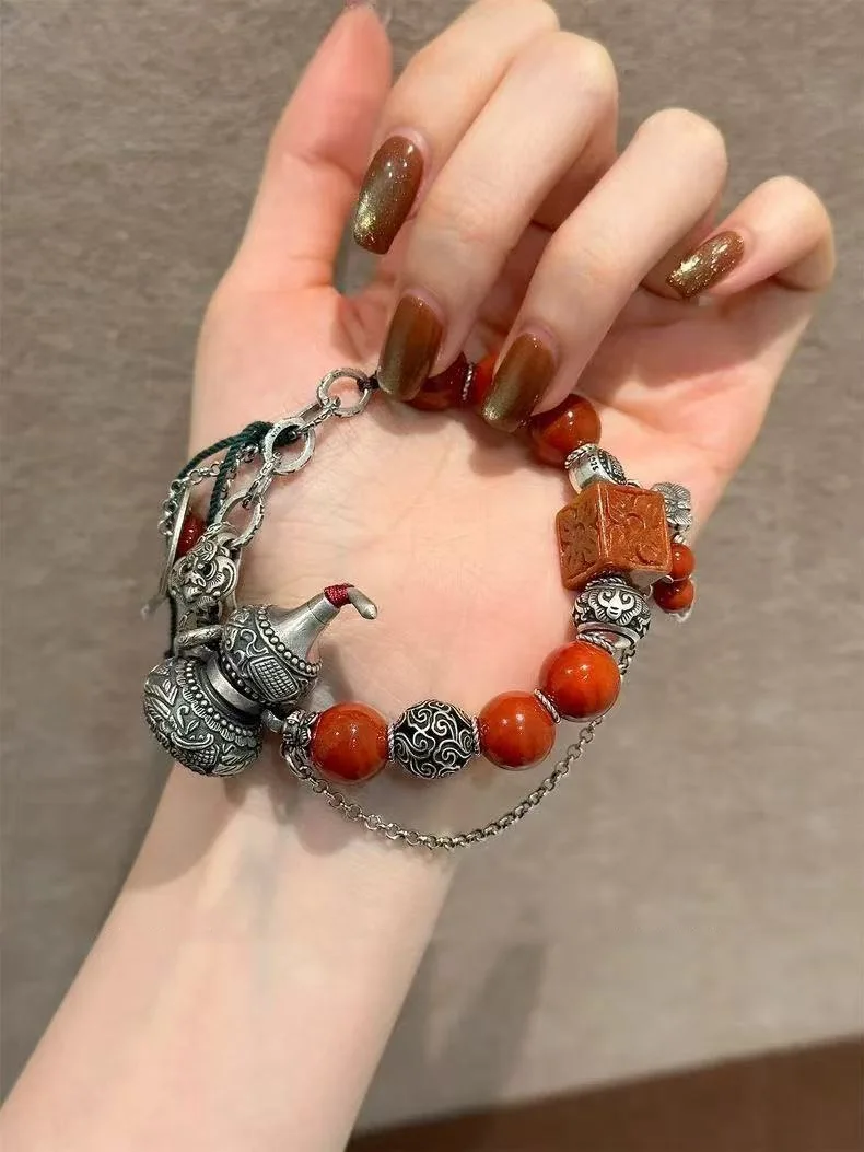 Eight Immortals Gourd Charms Round Beads Double Happiness Ronghua Fugui Brand Bracelet New Chinese Design Niche Retro HandString