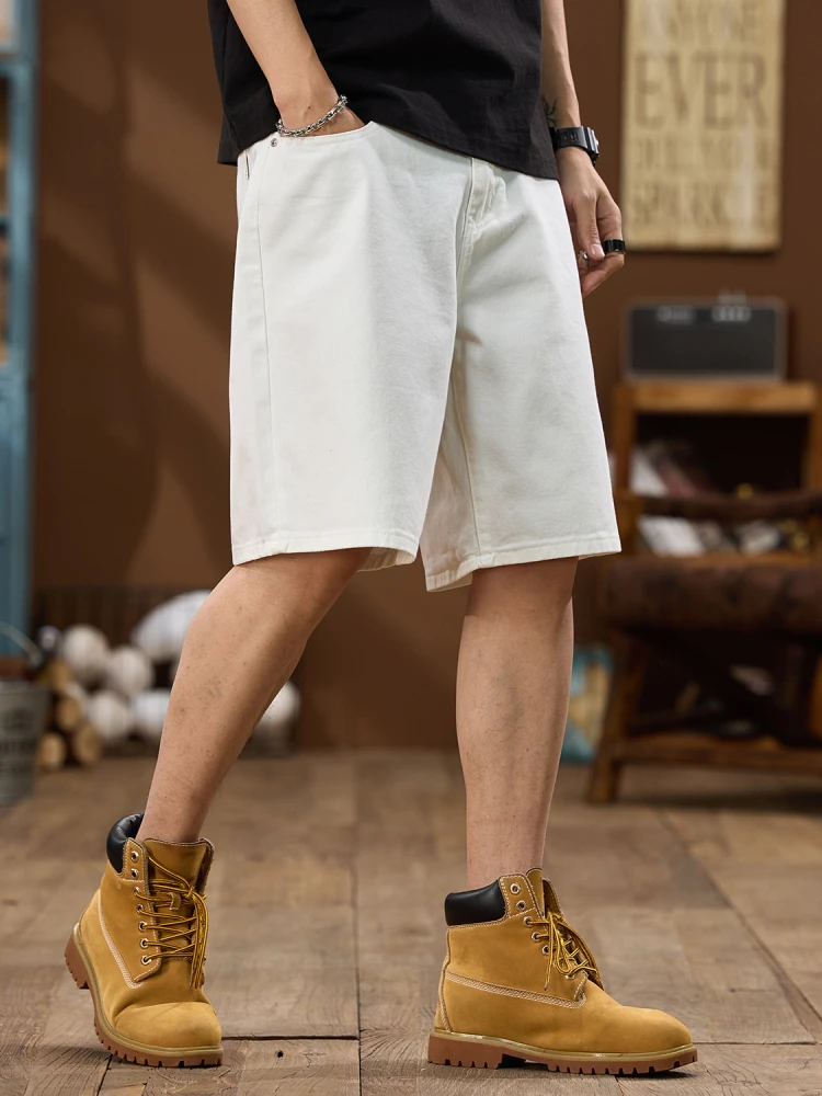 

Мужские летние брюки из чистого хлопка в американском ретро-стиле, белые джинсовые, с высокой талией, свободного прямого кроя, больших размеров, повседневные, длиной до колена