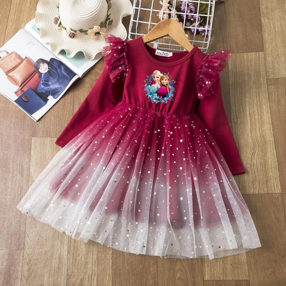 Frozen Anna Elsa Fall Dress for Kids Girls Mesh Princess Dress for Long Sleeve Elegant Girl Party Dresses Children Clothes 3-8Y