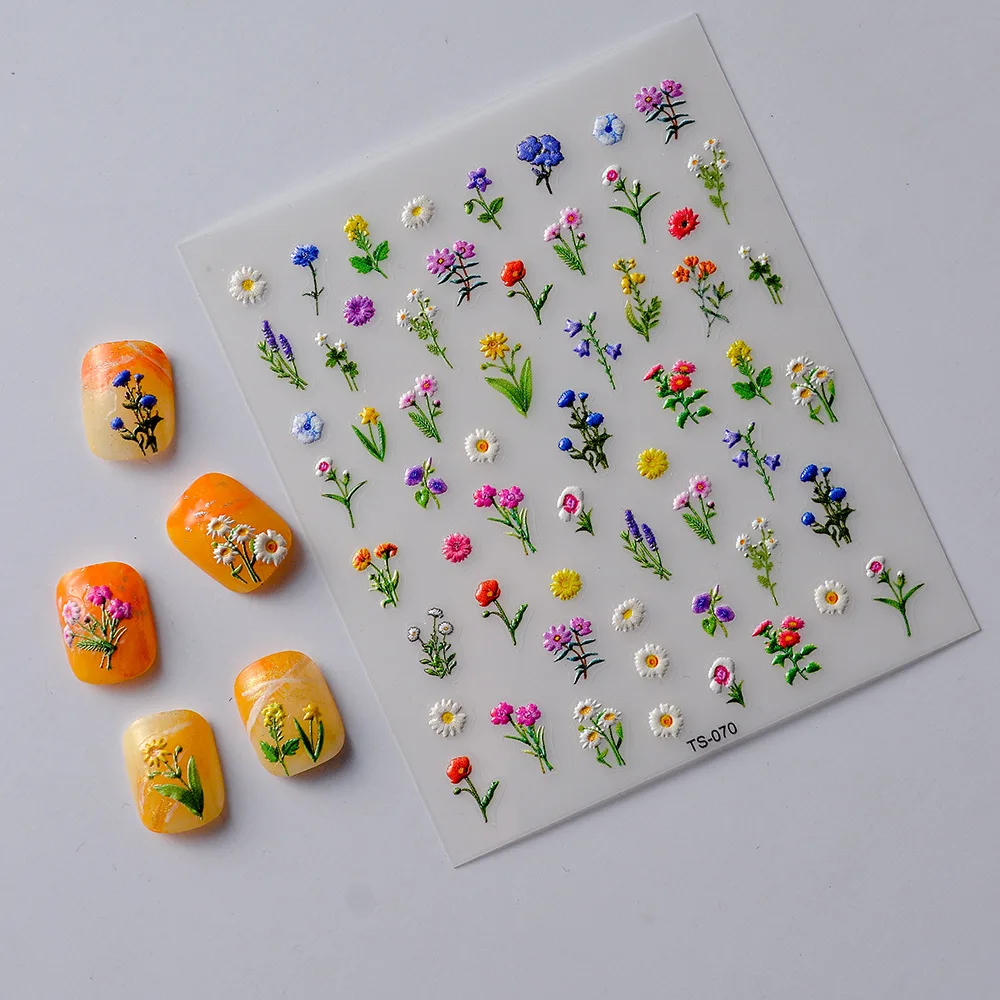 1Pcs 5D Embossed Flower Nail Art Stickers Self Adhesive Colorful Spring Daisy Slider Press On Nails DIY Nail Decoration Decals