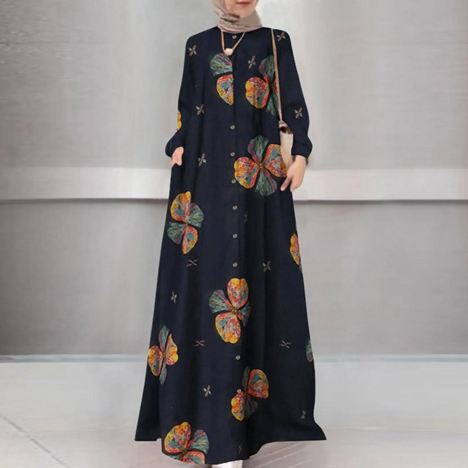 Feminino floral impresso vestido muçulmano vintage manga longa abaya hijab vestido de verão robe femme eid mubarek dubai turquia vestido