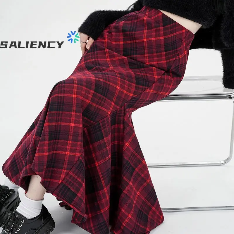 

Korean AWinter Thick Vintage Red Tweed Plaid Skirt Women High Waist Fishtail Mid-length Skirt for Women
