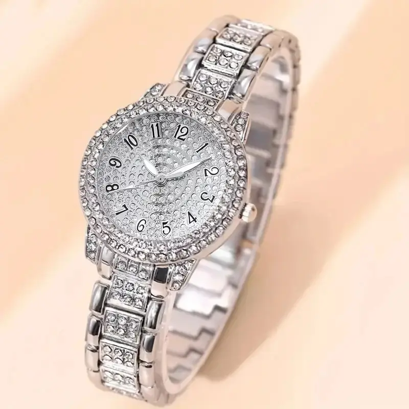 6PCS Women Watch Luxury Elegant Alloy Watch Crystal Wristwatch For Ladies Gift Quartz Watch Alloy Rhinestone Bracelet Montre