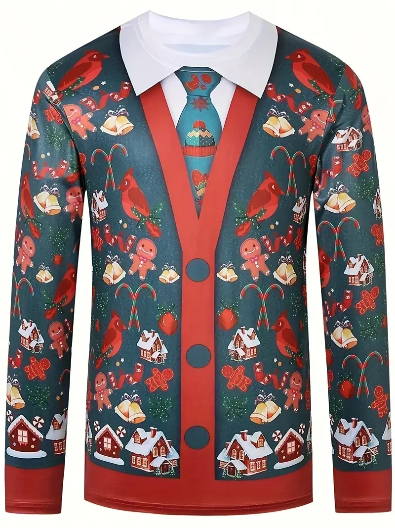 

Забавные рождественские футболки с рисунком, топы, футболки с длинными рукавами, рождественские футболки с 3D принтом Санта-Клауса, дышащая мужская футболка большого размера