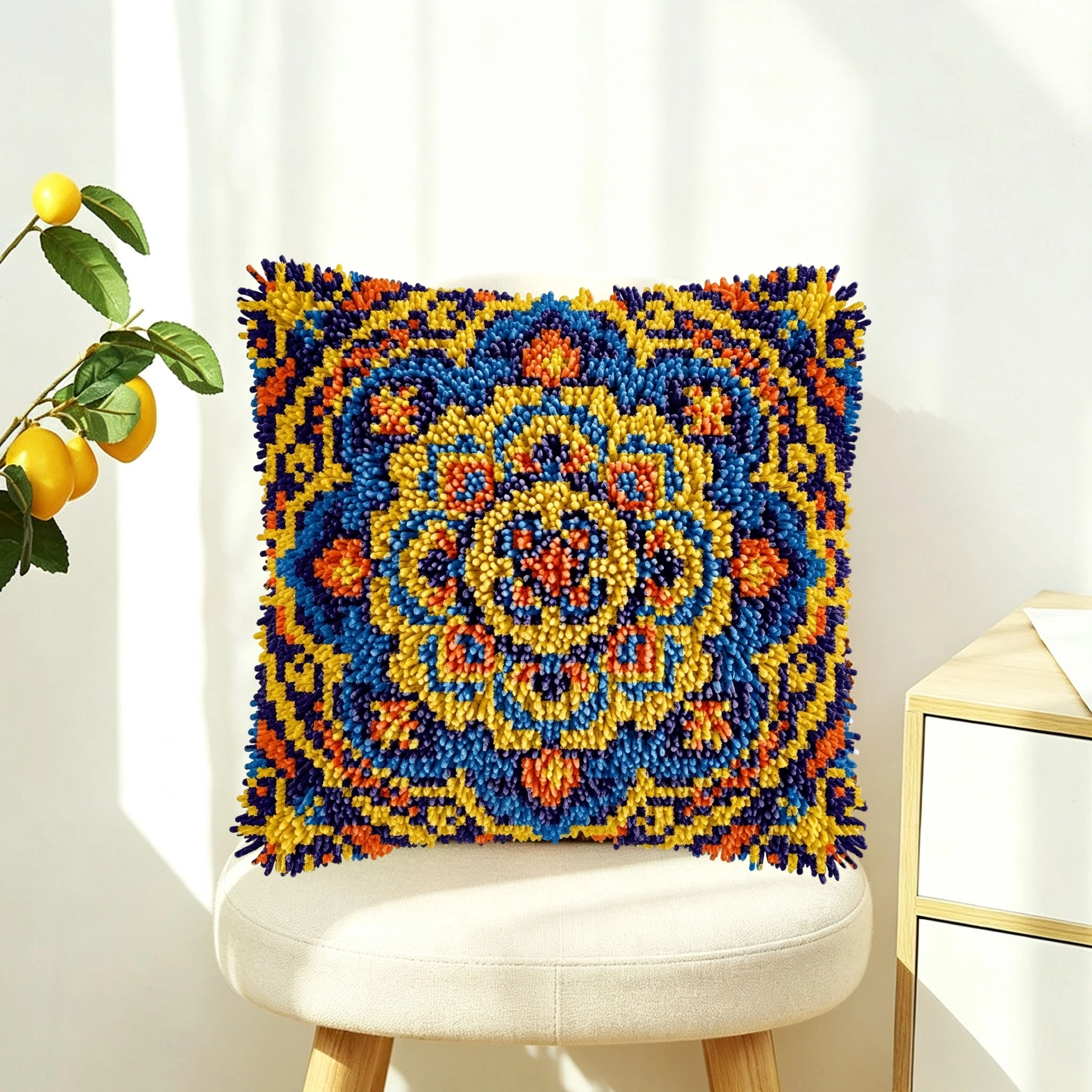 1Set Orange Blue Mandala Knot Pillow Latch Hook Kit Cushion Pillowcase Set For Needlework Latch Hook Kits DIY Beginner-friendly