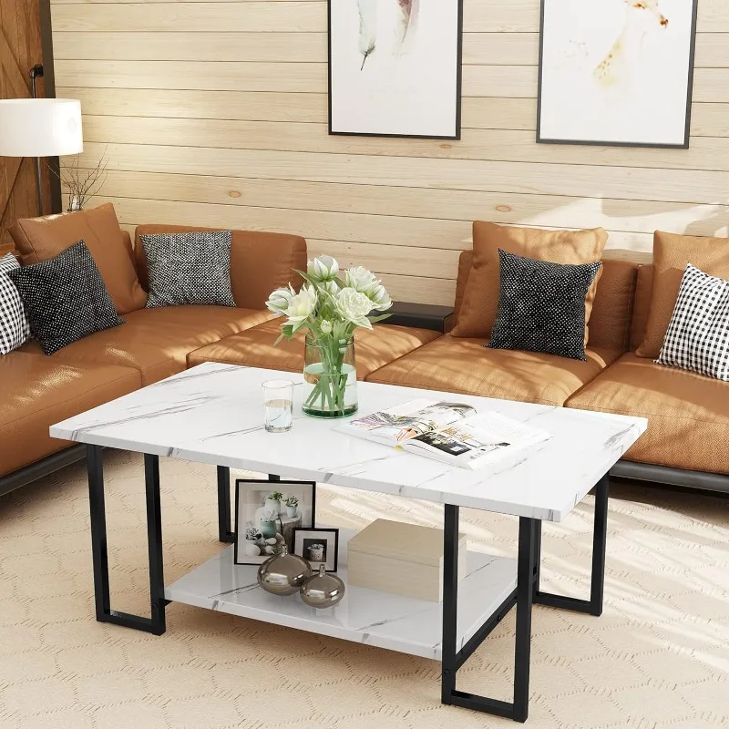 

Coffee Table, Modern Faux Marble Top Coffee Table with Metal Frame and Storage Shelf, 2-Tier Rectangle Accent Cocktail Table