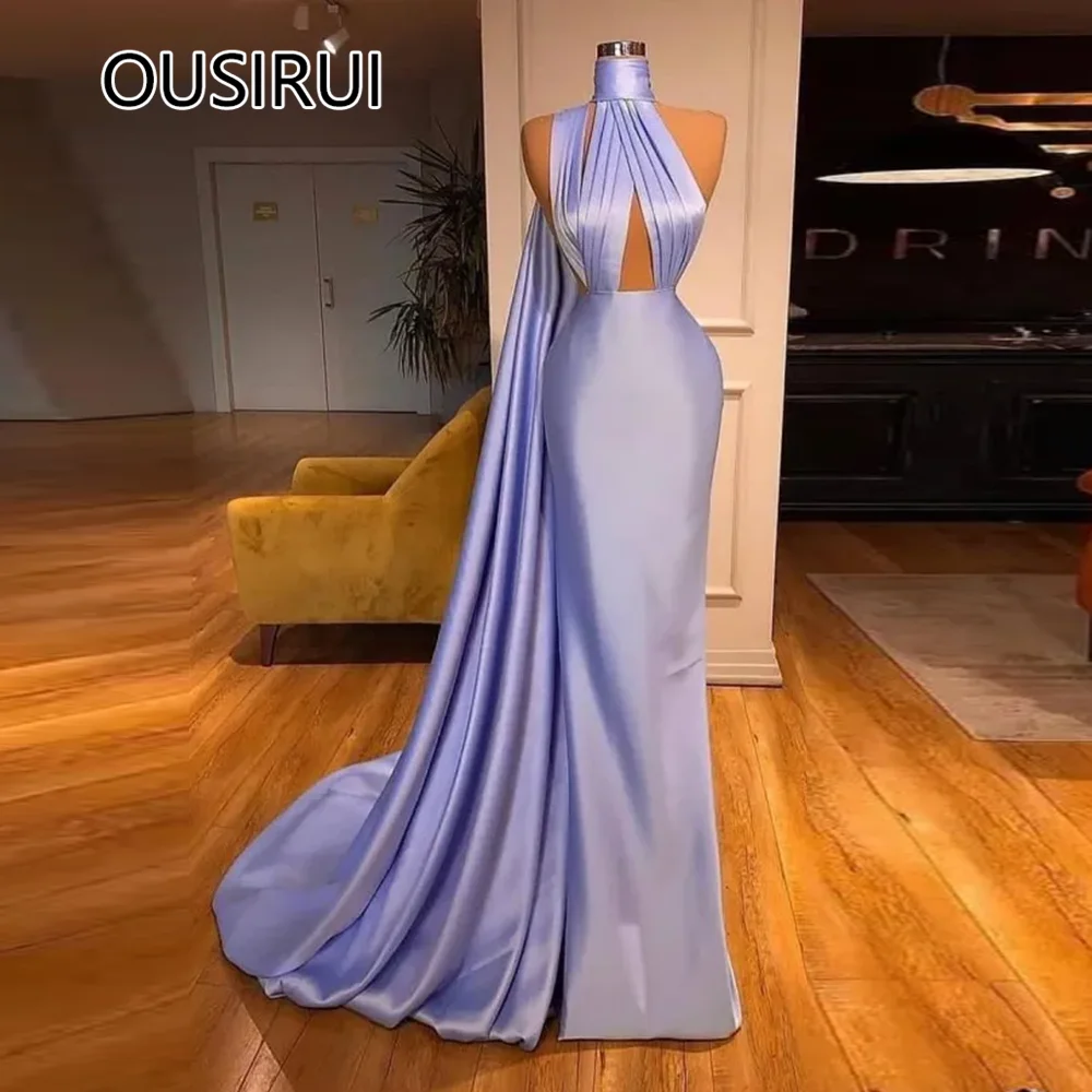 OUSIRUI Popular Sleeveless Pleated Formal Evening Party Dress Sexy Mermaid Backless Performance Prom Gown with Train vestidos de