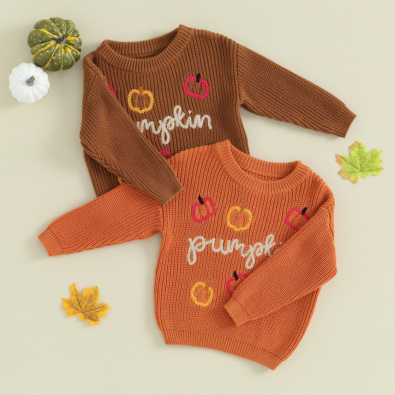 Baby Boys Girls Halloween Sweater Pumpkin Letter Embroidery Crew Neck Long Sleeve Pullovers Jumpers Tops