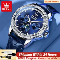 OLEVS 6695 NEW Men's Watches Full Diamond Multifunctional Dial Blue Leather Strap Calendar Week Moon Phase Waterproof Wristwatch