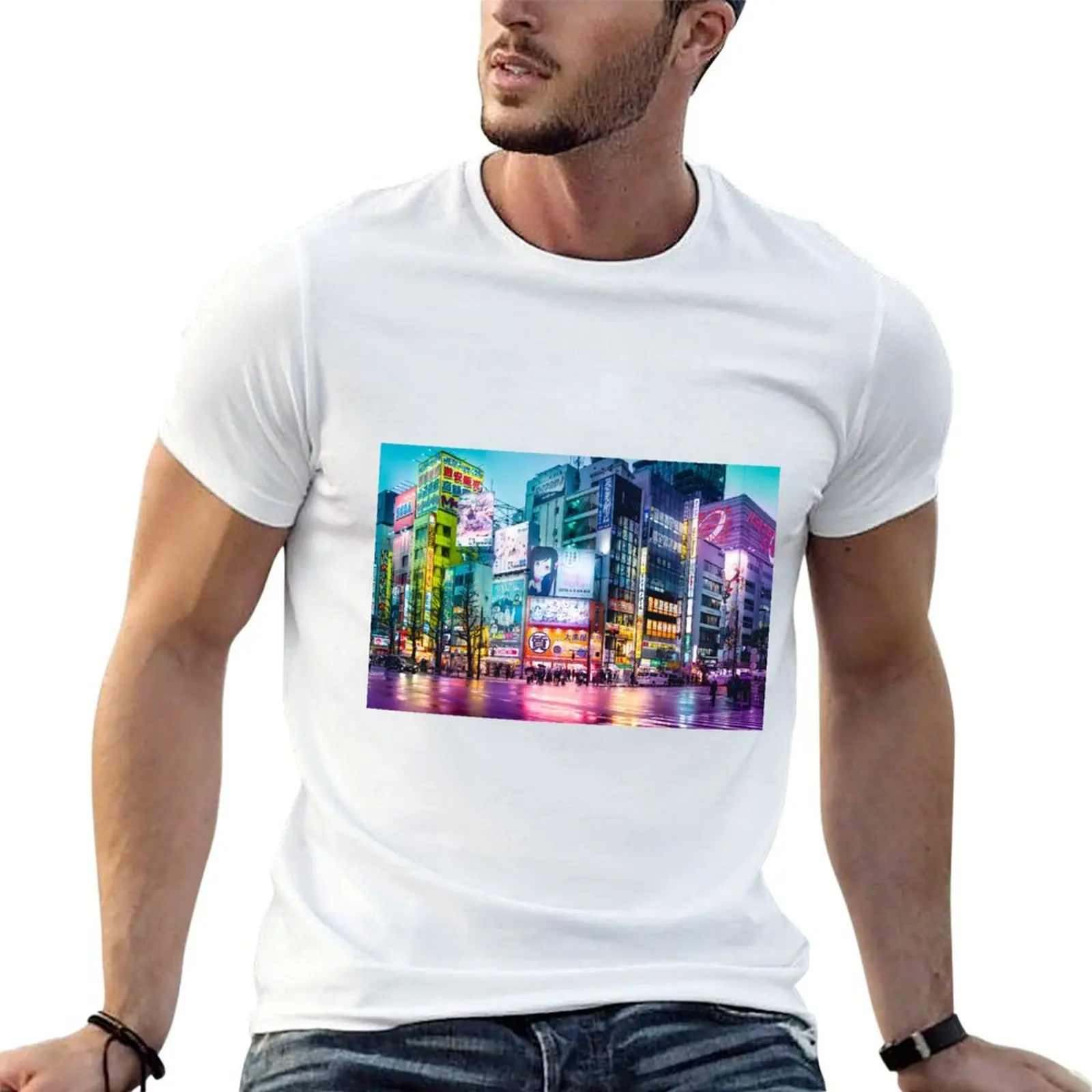 

Anime Akihabara Neon Dream many colourful reflection on the wet streets T-Shirt t shirts for man graphic funny T-Shirt