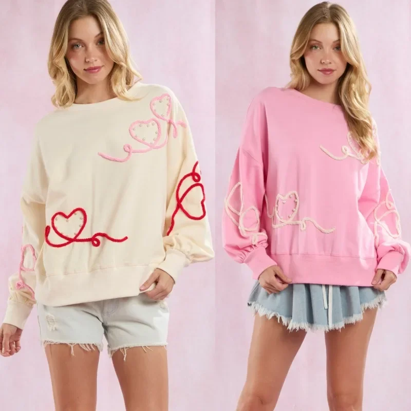 Women's Y2K Vintage Crew Neck Long Sleeve Heart Shaped Casual Loose Pullovers Hoodies Aesthetic Sweatshirts