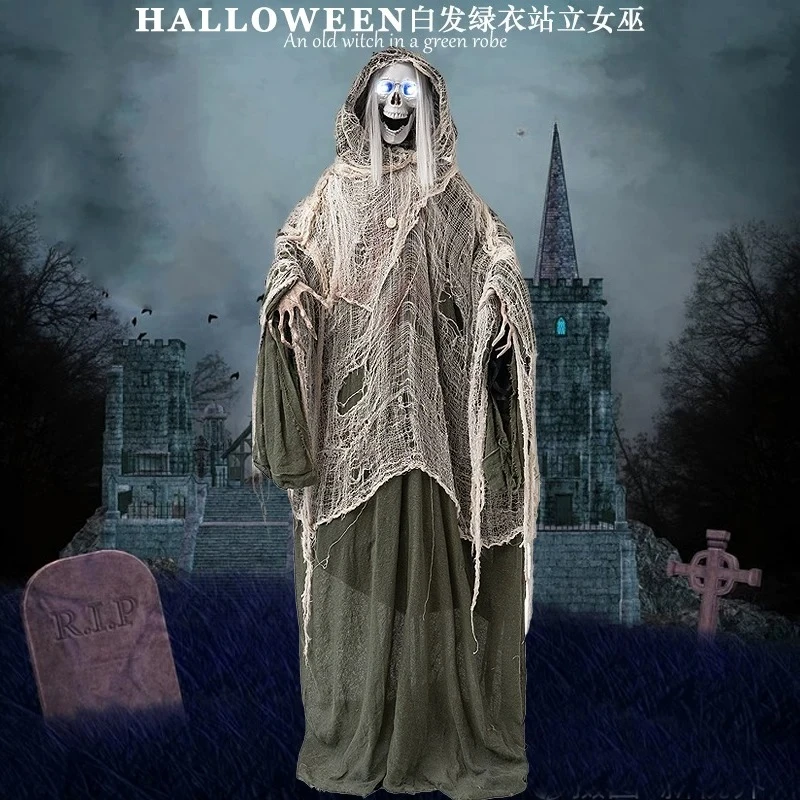 Halloween 1.95m electric induction white hair green coat standing witch haunted house secret room skeleton decoration ornament