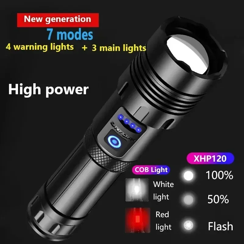 ハイパワーLED懐中電灯,xhp120,戦術的な充電式懐中電灯,統合18650バッテリー,キャンプ用ランプ