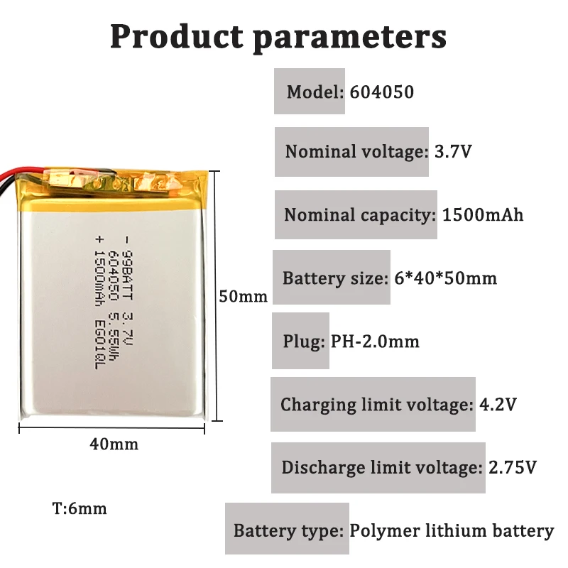 3.7V 1500mAh 604050 Lipo Rechargeable Polymer Lithium Battery for Breast Pump Early Learning Machine Navigator LED Light