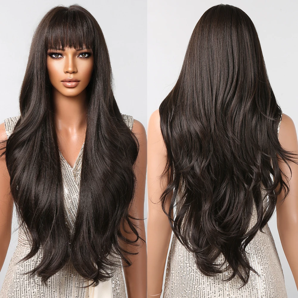 

Темно-коричневые свободные волнистые парики для женщин с челкой, длинные натуральные синтетические искусственные волосы, волнистый парик, повседневный косплей, вечерние, термостойкие
