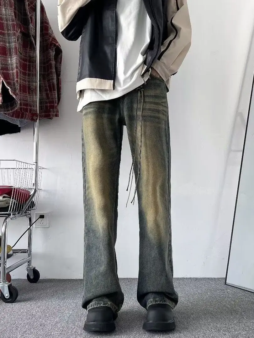 

Мужские свободные повседневные джинсы со средней посадкой, модные прямые брюки в американском уличном стиле, для повседневной носки, длинные штаны