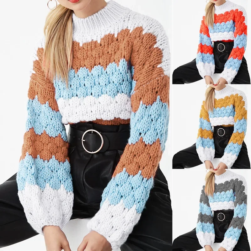 Fashion Europe and America Casual Color Matching Sweaters Round Neck Puff Sleeve Knitted Pullover Long Sleeve Sweater Female