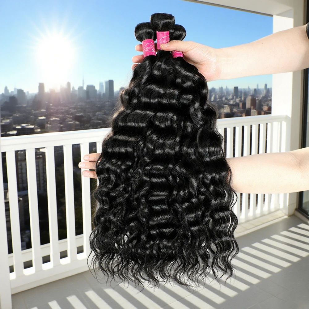 Natural Water Wave Human Hair Bundles, Curly Deep Wave, Brazilian Natural Black Remy, 3 Bundles