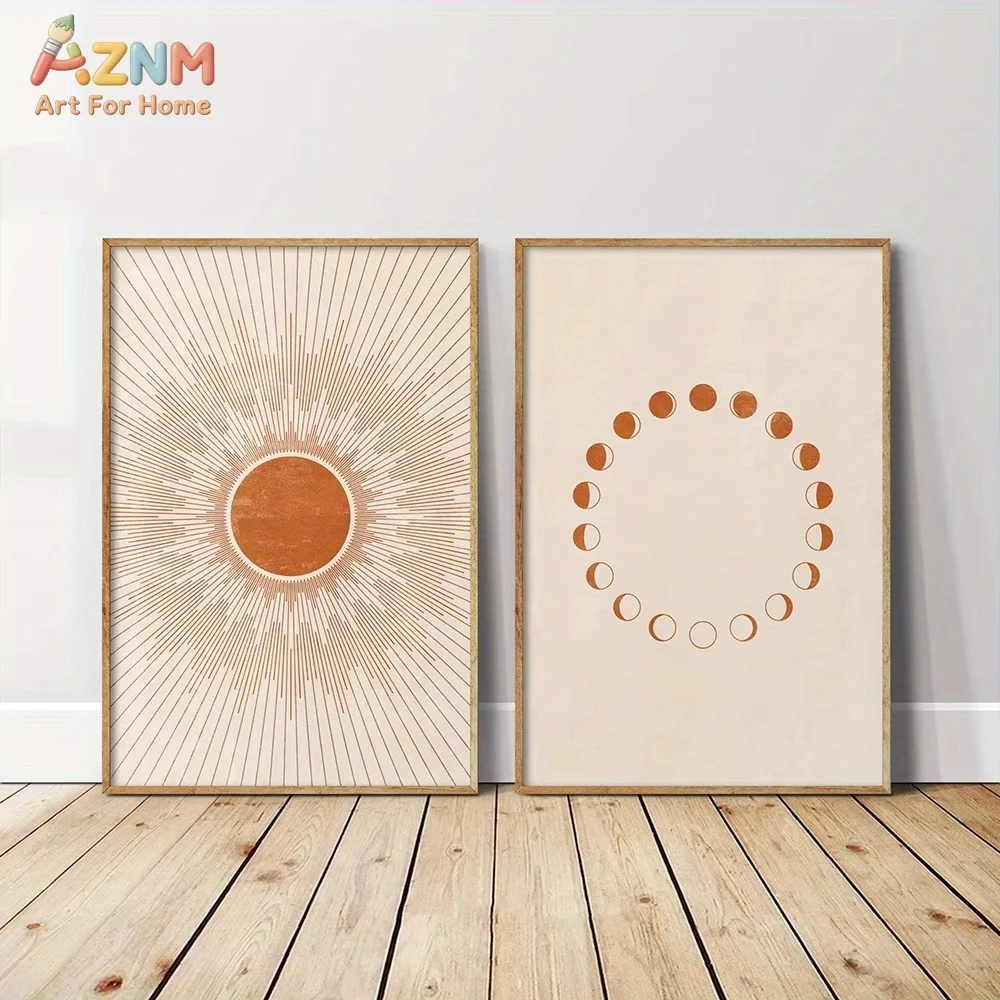 AZNM Mid Century Boho Sun Moon Phase Canvas Wall Art Terracotta Minimalist Geometric Neutral Aesthetic Modern Living Room Unfram