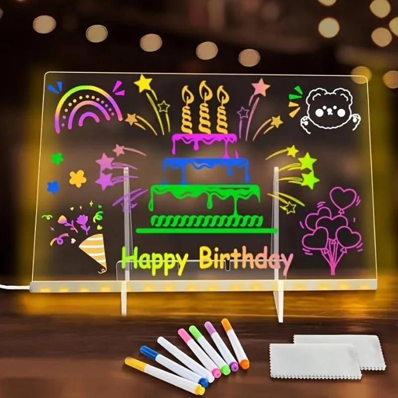 LED DIY Acrylic Message Board Light Painting Erasable Note Board With Night Light 7 Pens Colorful Drawing for Kids Birthday Gift