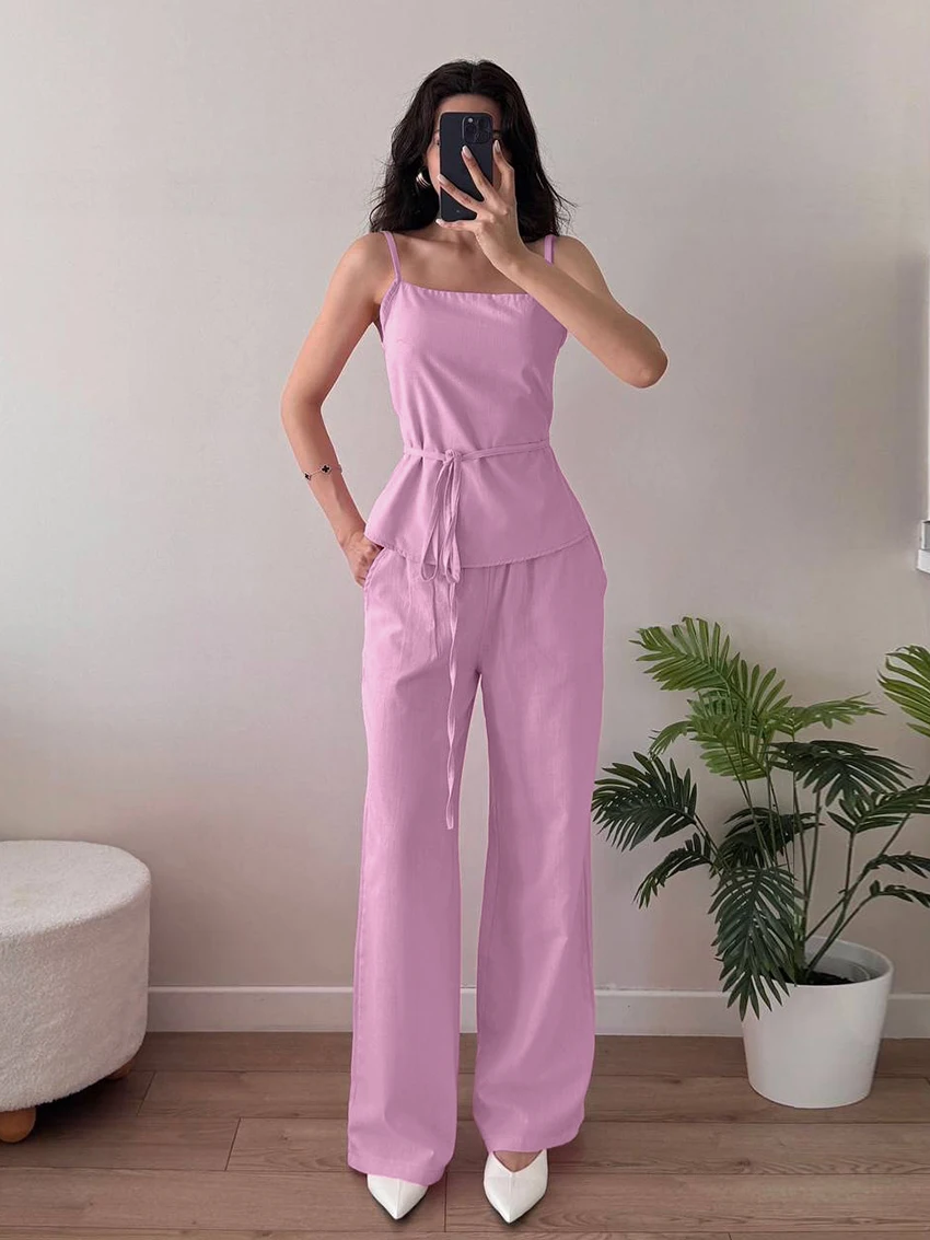 

Marthaqiqi Cotton Women Pajamas Suit Sexy Spaghetti Strap Nightie Tank Top Sleepwear Lace Up Nightgown Pants Casual Home Clothes