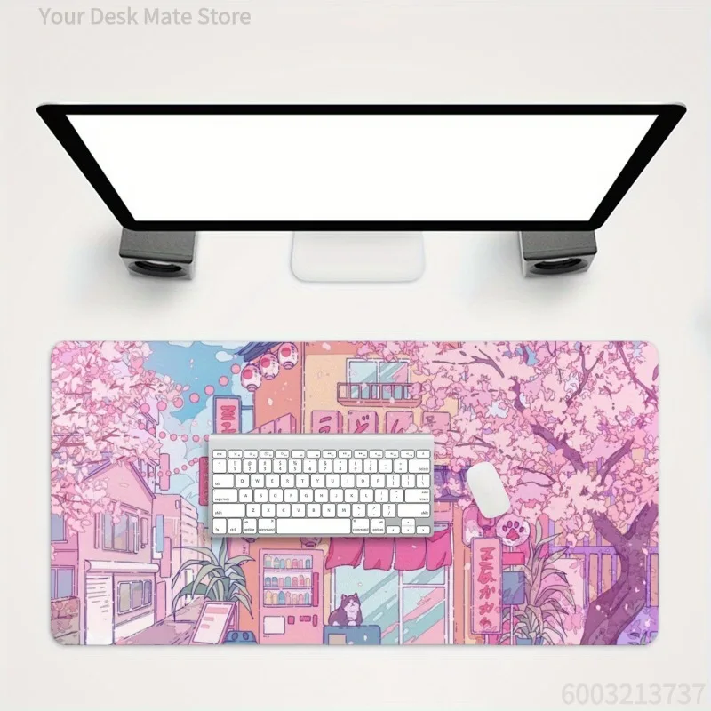 Cute Cat Coffee and Pink Cherry Blossom Mouse Pad, Office Game Table Mats XXL Rubber Anti-Slip Gaming Keyboard Long Desk Pads