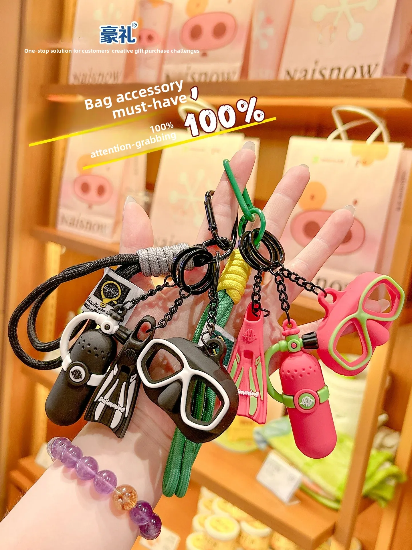 Creative Swimming Diving Snorkel Keychain Oxygen Tank Couple Bag Pendant Gift Cartoon Series Square Shape Plastic Material