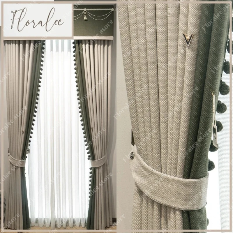 Customized Cotton Linen Look Jacquard Green Beige Valance Stitching Thicken Curtains for Living Room Bedroom French Window Villa