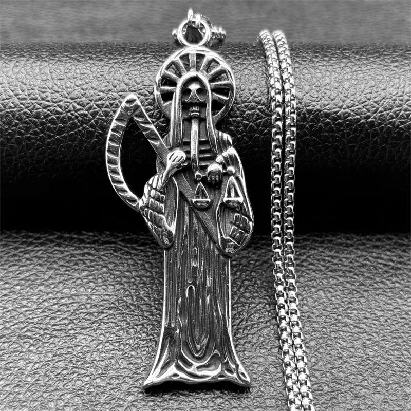 Edelstahl Heiliger Heiliger Tod Santa Muerte Sensenmann Anhänger Halskette Frauen Männer Silber Farbe Vintage Sichel Schädel Schmuck – Detail 7