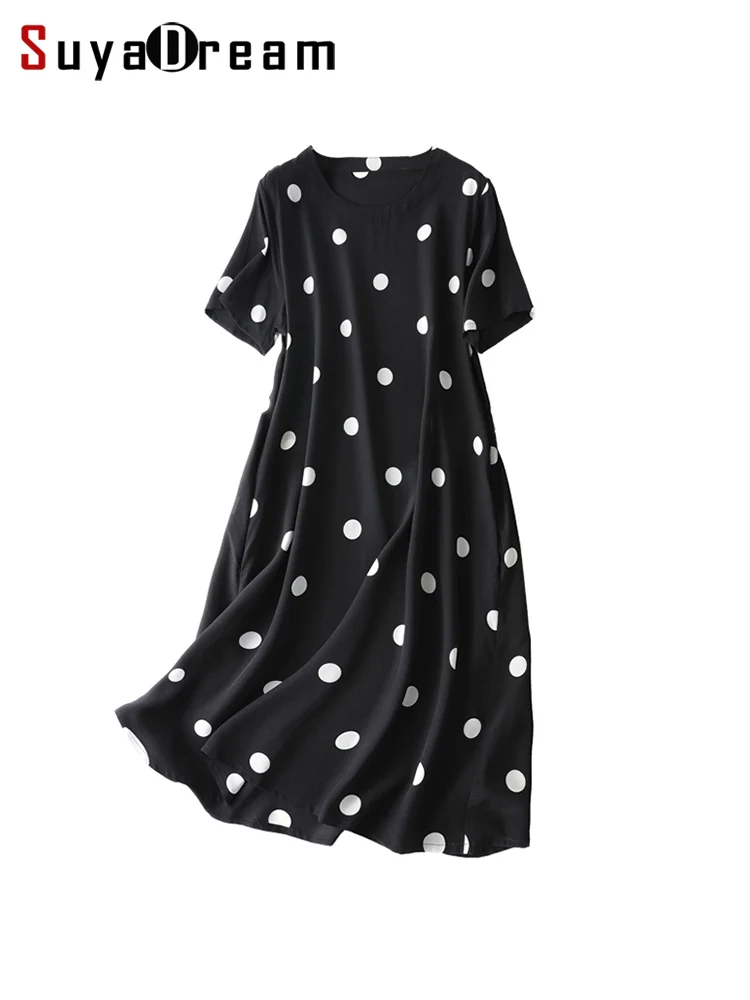 SuyaDream Woman Midi Dress 100%Silk Crepe A line Short Sleeves O neck Dots Printed Dresses 2021 Black Summer Dresses