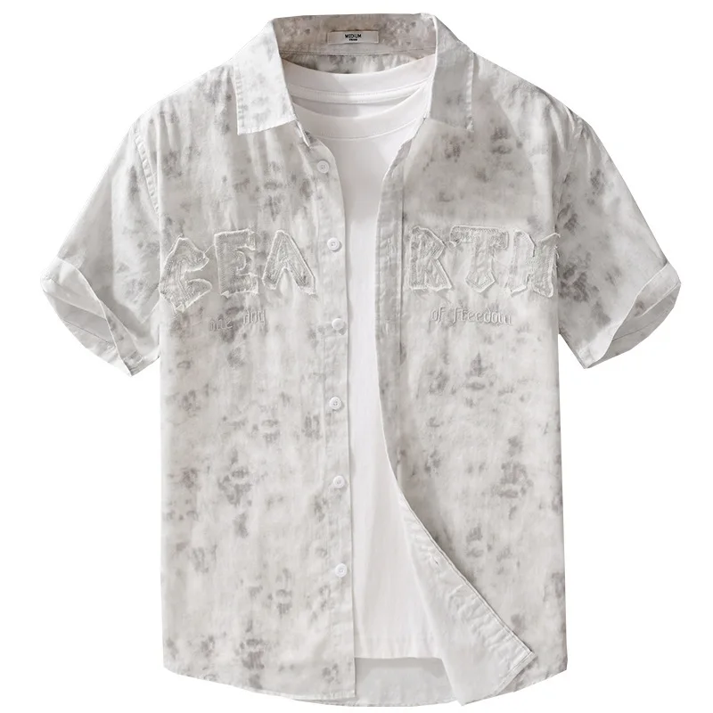 2025 Summer men's trendy casual loose youth versatile hanging dye printed simple and fashionable lapel short sleeved shirt