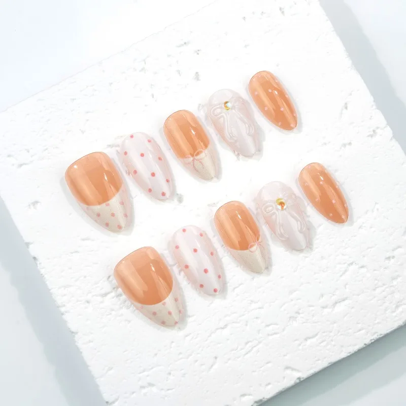 30Pcs False Nails Simple Polka-Dot French Almond-Shaped 3D Bows Press-On Nails—Perfect As A Gift for Girls and Friends