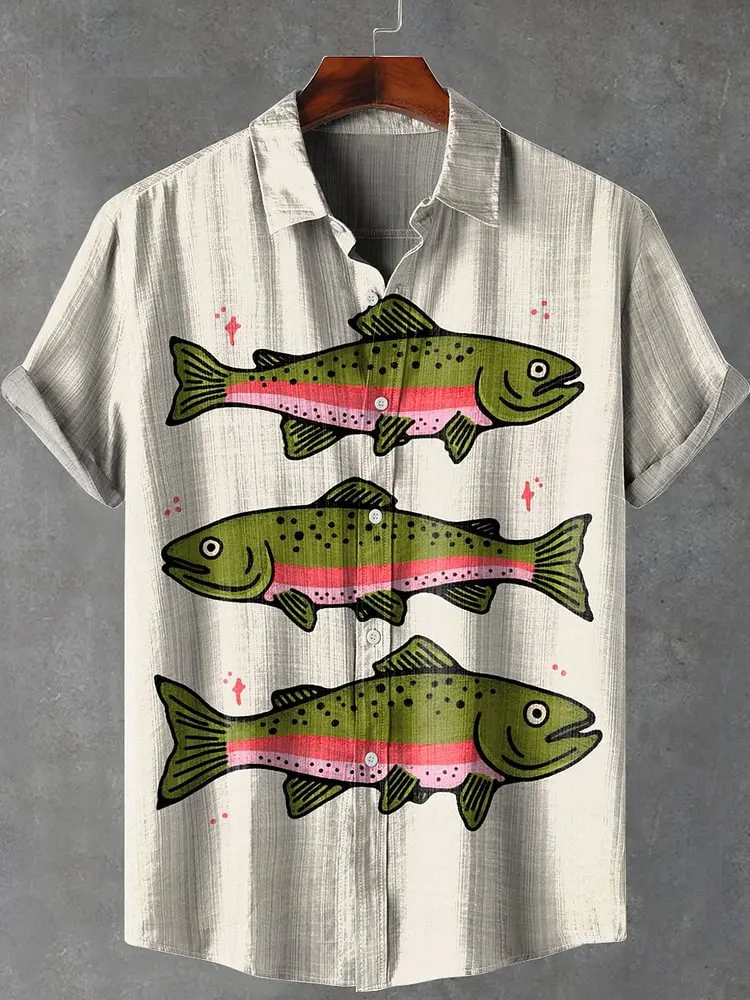 2025 elegant fish print men's new linen comfortable breathable fabric short sleeved shirt for fishing enthusiasts to wear - Image 3