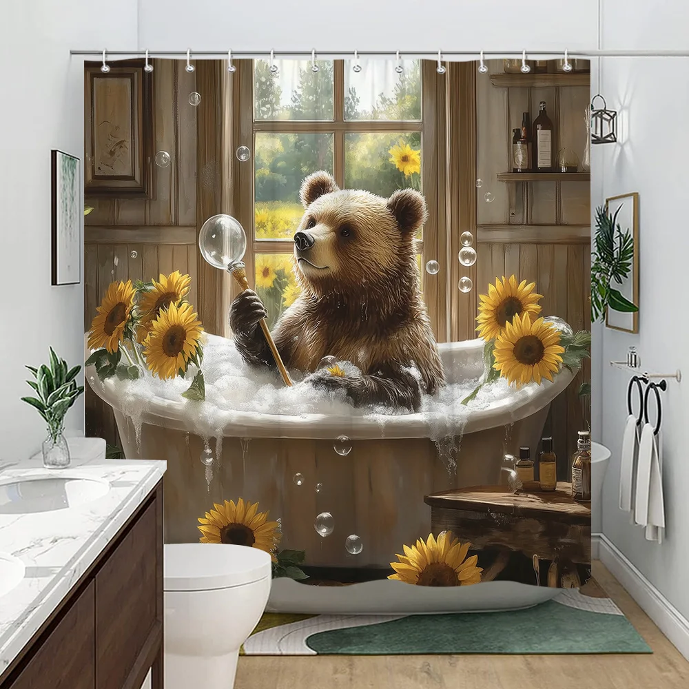 

Cute Bear Sunflower Shower Curtain Waterproof Bathroom Decor Curtain Woodland Animal Print Novelty Kids Home Bathroom Mat Novelt