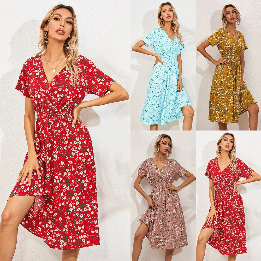 

Yellow Vintage Floral Print Women Summer Dress Nice Casual V-neck Short Sleeve A-line Chiffon Beach Midi Dress Red Robe Vestidos