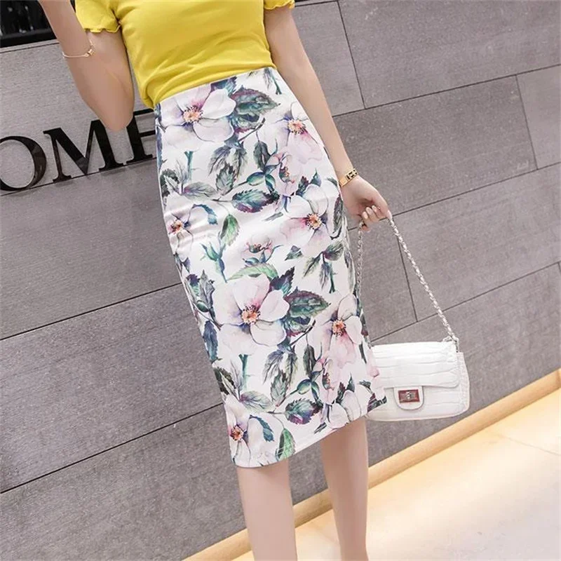 Oversized Spring Skirts for Women High Wasit Floral Print Open Slit Ladies Casual Midi Skirt Girls Streetwear Jupe Femme