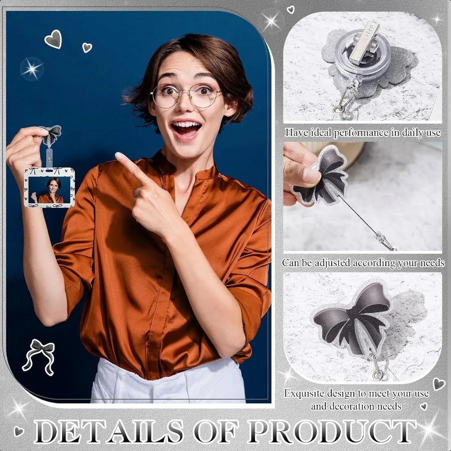 2 แพ็คสีดํา Bow Coquette ของขวัญประกอบด้วยแนวนอนผู้ถือป้าย ID และ Retractable Badge Reel พร้อมคลิปจระเข้ตลกชื่อ T