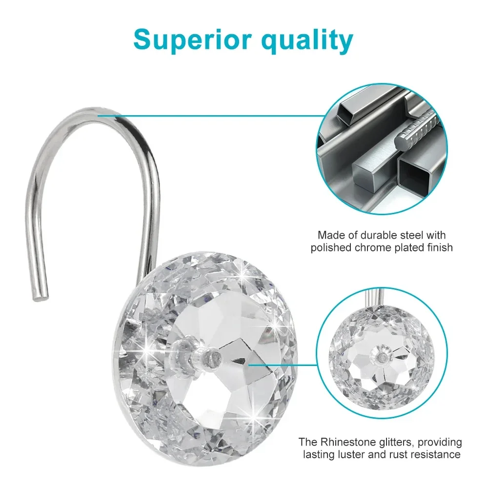 12Pcs Shower Curtain Hooks Rustproof Acrylic Crystal Round Diamond Decorative Rings for Curtain Rods Shower Rods NEW