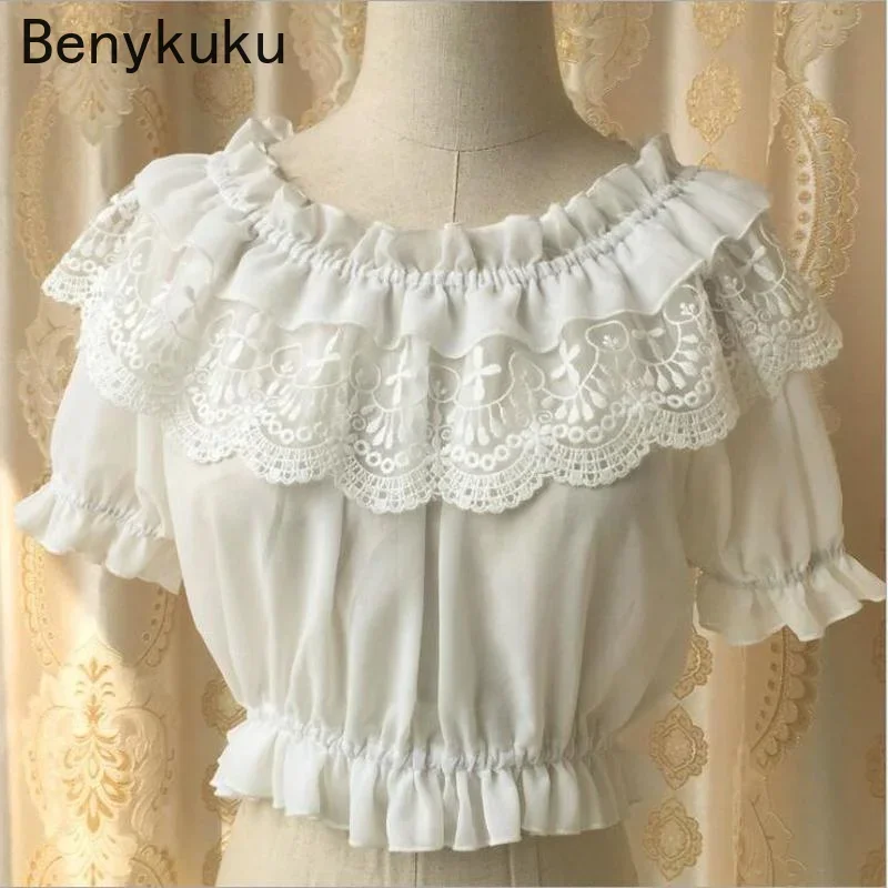 Womens Chiffon Crop Top Short Sleeve Blouse with Lace Detailing Puff Sleeve Lace Ruffles Lolita Blouse Summer Tops Tee Shirt