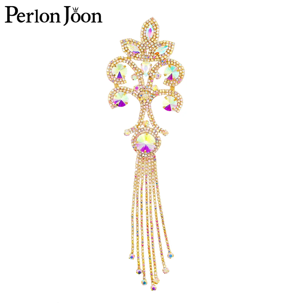 Shiny high quality AB rhinestone Fringe applique shoulder badge gold silver crystal glass brooch for wedding shoes YHZ044