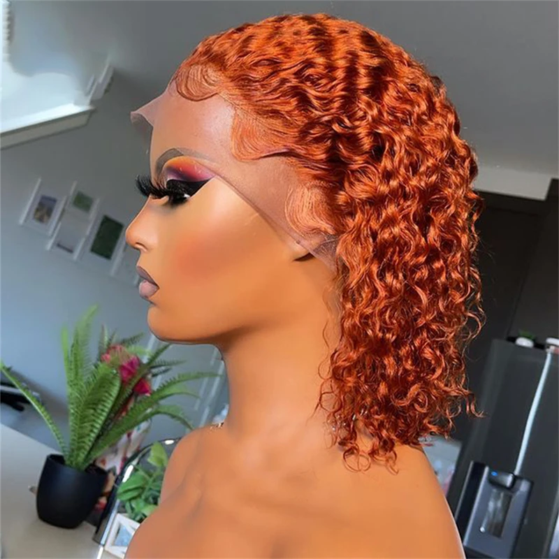 

Blunt Short Bob Ginger Orange Kinky Curly Lace Frontal Wig For Women With Baby Hair Synthetic Pre Plucked Heat Resistant