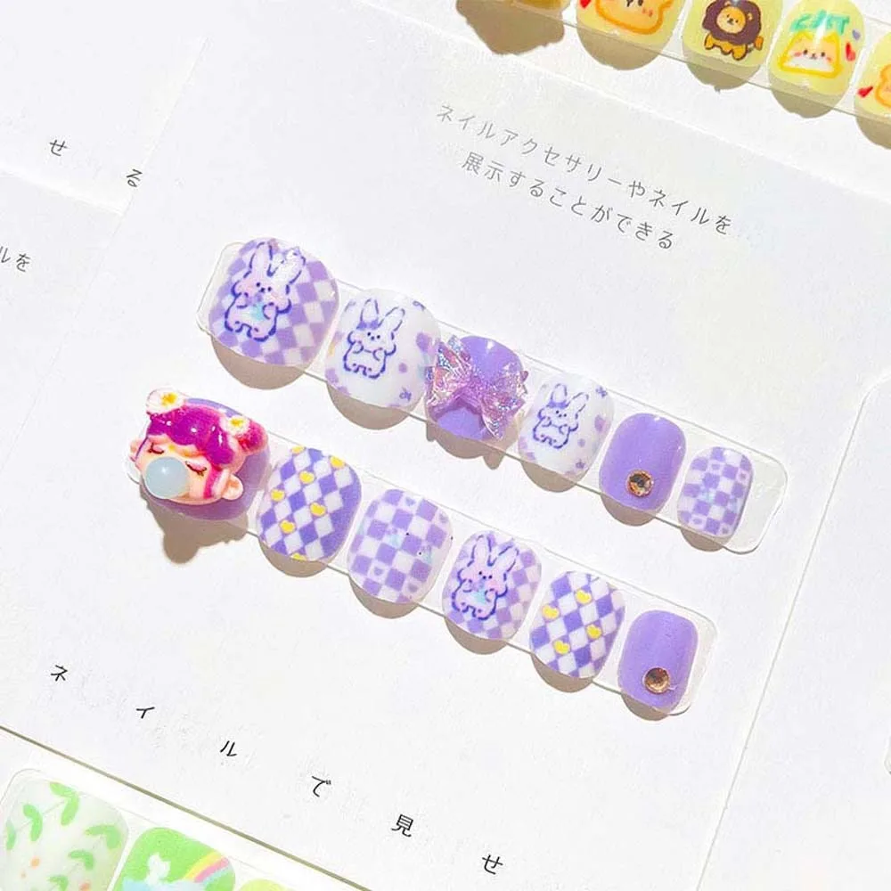 Little Girls Children False Nails Full Cover Nail Art Tips Short Square Shaped Kids Cartoon Fake Nails Manicure Material